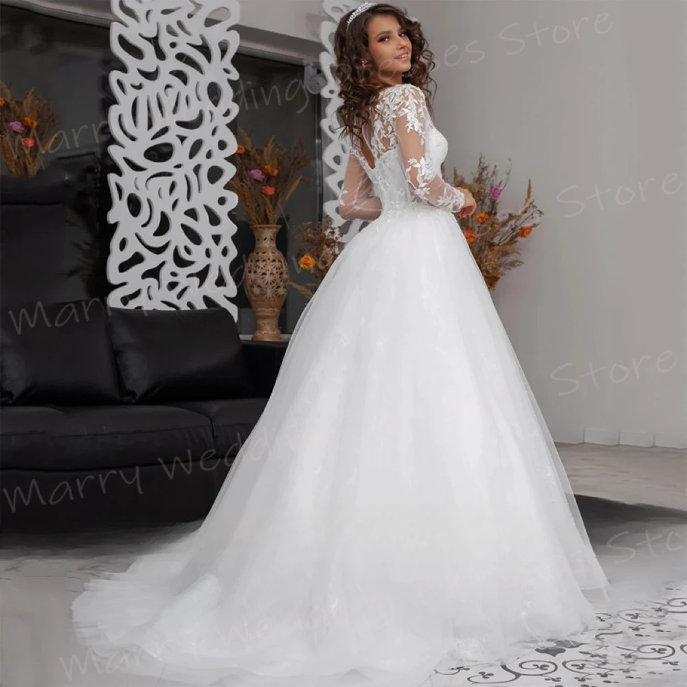 Gaun pengantin wanita A-Line cantik gaun pengantin renda applique Modern gaun pengantin menawan leher V lengan panjang Vestido Novias Boda disesuaikan