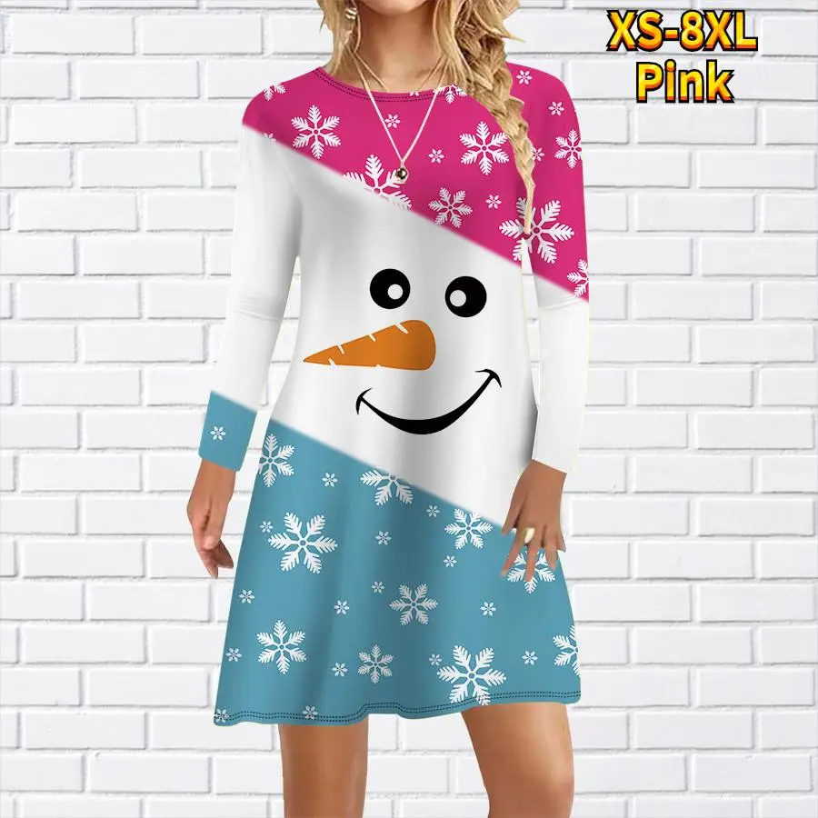 أنيقة لطيف عيد الميلاد ثلج مطبوعة فستان المرأة الصغيرة الخريف الشتاء الحلو طويلة الأكمام فضفاضة عادية فستان حفلة عيد الميلاد رداء #3