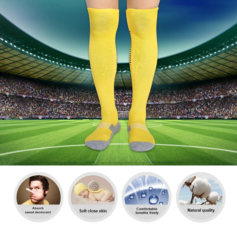 1 زوج مجموعة الرجال كرة القدم كرة القدم الرياضة الركبة عالية المضادة للانزلاق سميكة جوارب أنبوبية أصفر أسود المشارب البوليستر النايلون دنة حجم واحد