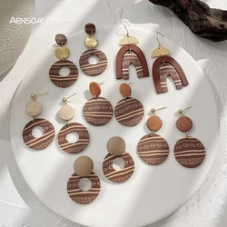 AENSOA Handmade Abstract Line Pattern Polymer Clay Earrings for Women Brown Color Geometric Round Drop Earrings Vintage Jewelry