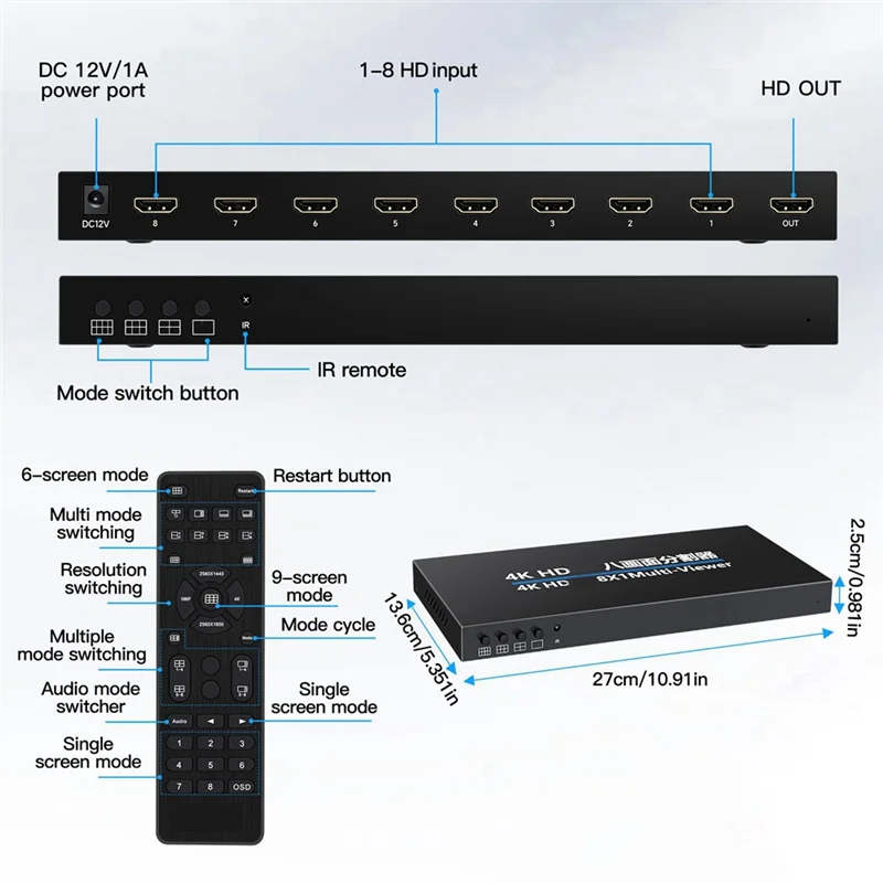 AF91-4K -Compatible 8X1 Quad Multi-Viewer Screen Divider Seamless Switching Multi-Screen Display Video Splitter