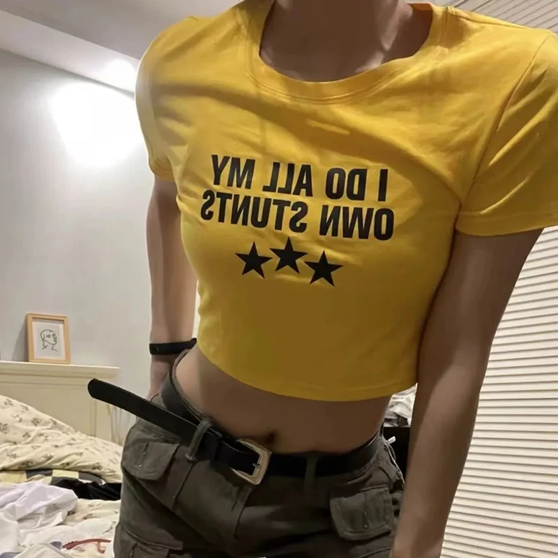 

American Style Retro Lemon Yellow Summer New Crop Top Short-Sleeved Letter Print Slim-Fit Classic T-Shirt for Women Y2K Clothing