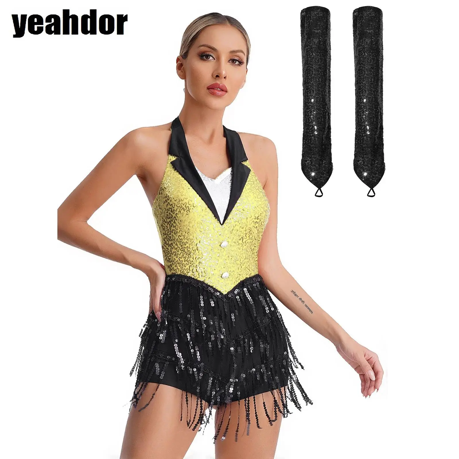 

Women Latin Dance Leotard Dress Halter Sparkly Sequin Fringe Cha-cha Samba Tango Costume Sleeveless Tassel Bodysuit with Gloves