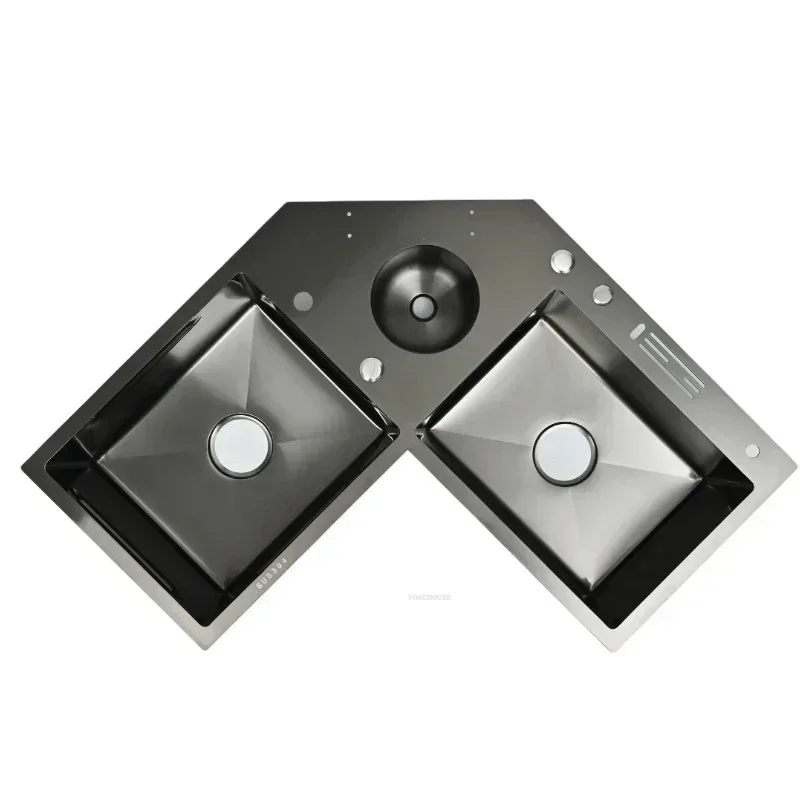 

L-образная большая угловая раковина, кухонная раковина ручной работы из нержавеющей стали, угловая двойная раковина, кухонная раковина