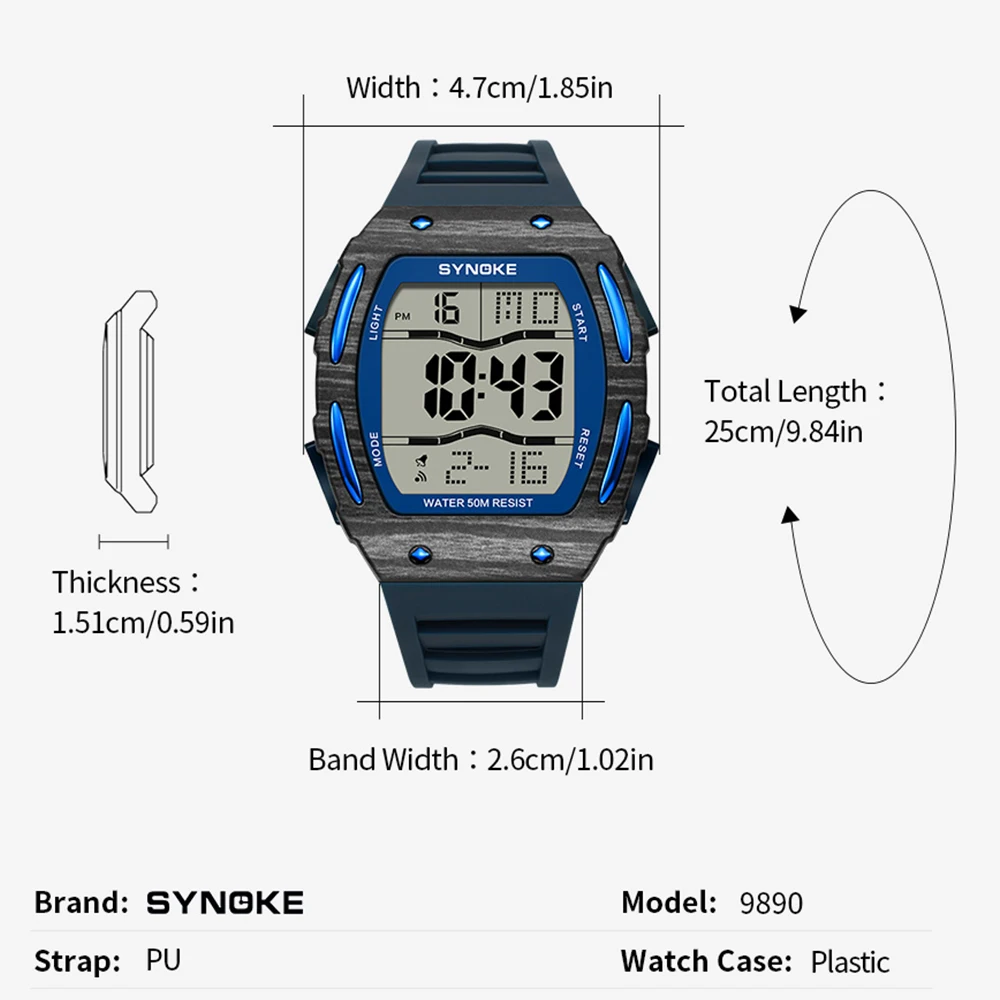 Men Digital Sports Watch SYNOKE Brand Waterproof Watch with Stopwatch Alarm Function Rubber Strap Wrist Watch for Men