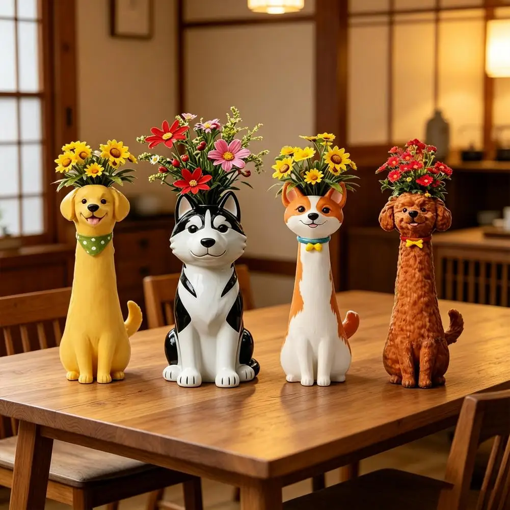 Desktop Ornament Handcrafted Quirky Dog Vase Whimsical Cat Flower Planter Slim Puppy Sculpture Decorative Vase for Desk Boho
