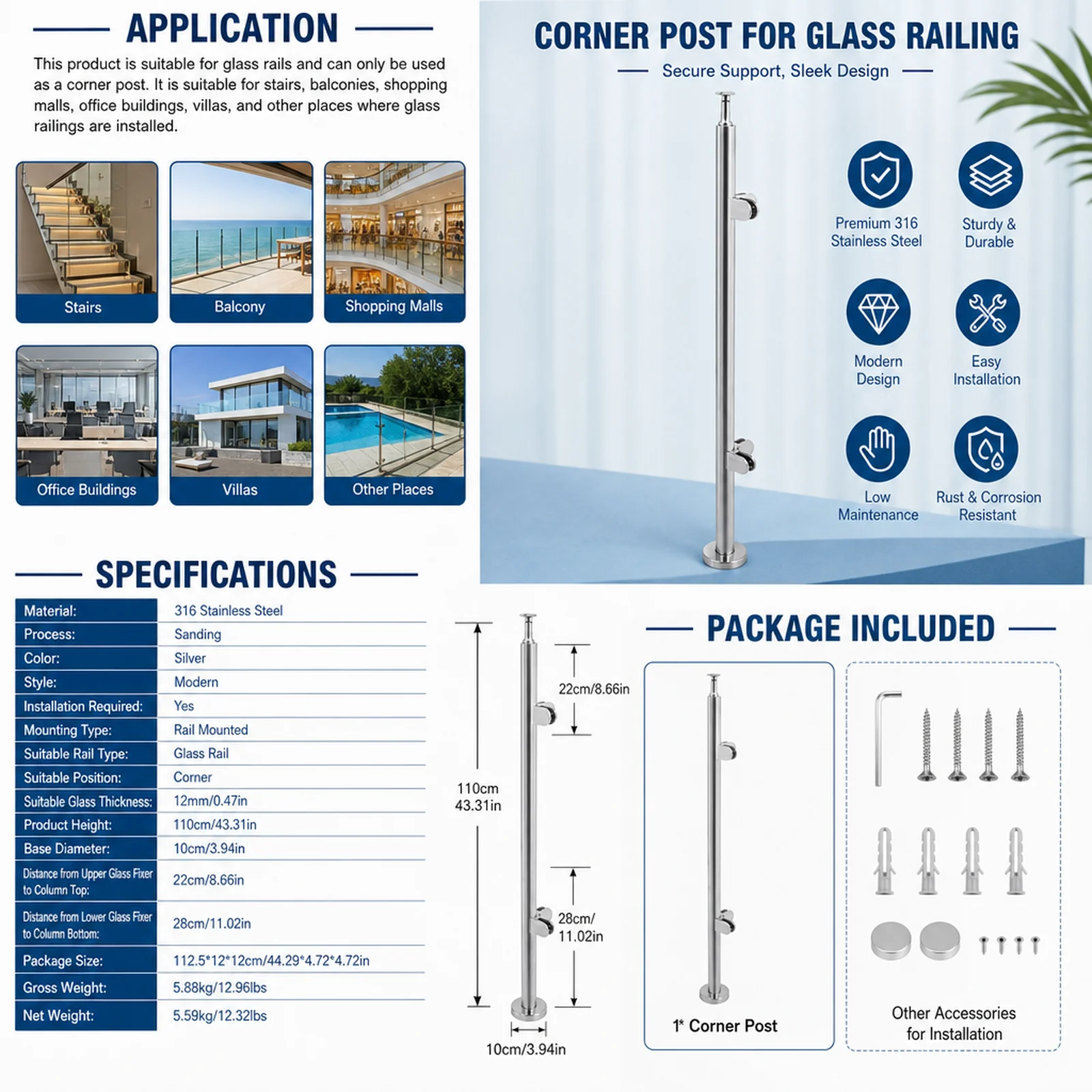 Stainless Steel Corner Post, Corner Column Post for Glass Railing, 316 SS Staircase Balcony Villa, 12mm Glass, Modern Sanding Finish