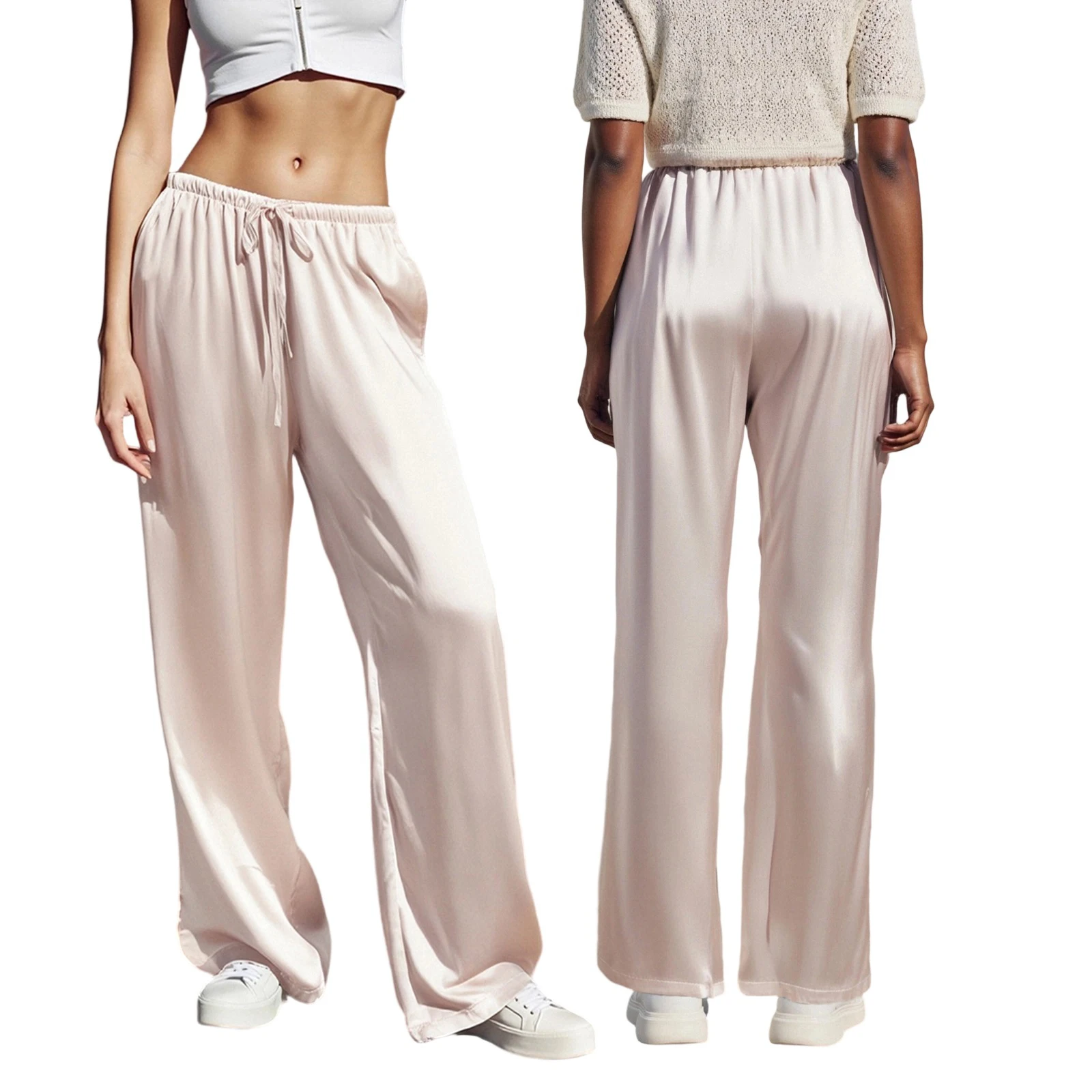 Pantalon Palazzo élégant en Satin avec ceinture élastique et détails plissés, pantalon élégant à jambes larges pour femmes