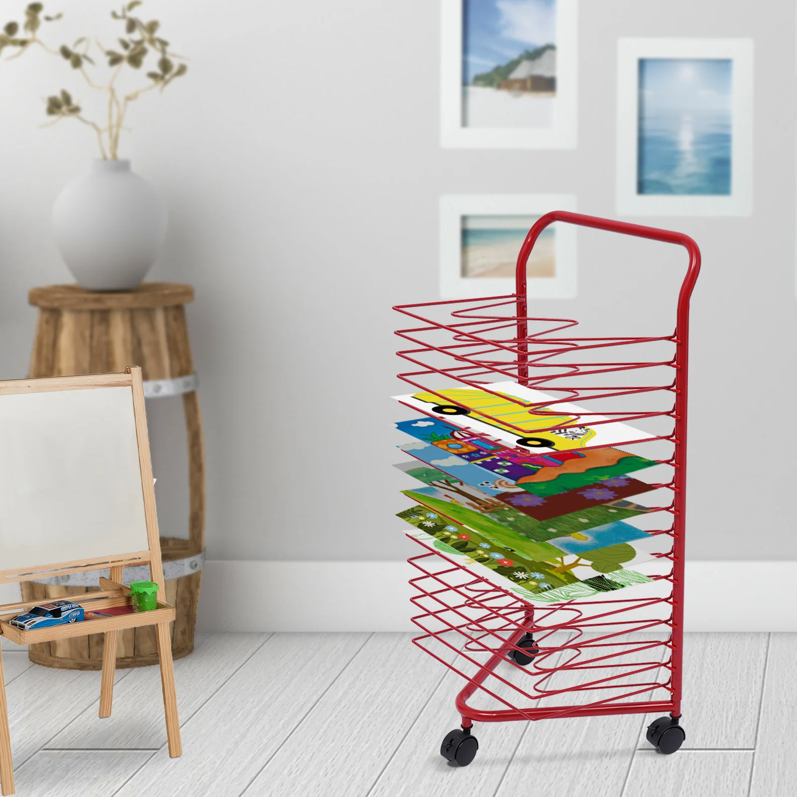 

Art Drying Rack Movable Stand Storage Rack Artwork Holder Shelf Red Metal Painting Drying Rack with Wheels