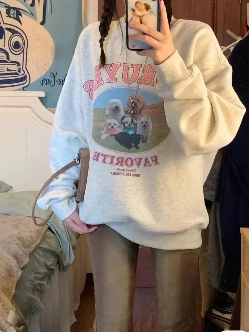

Gray Pullovers Women Fleece Casual Sweatshirts Long Sleeve Y2k Oversize Sudadera Mujer O Neck American Dog Print Kawaii Tops