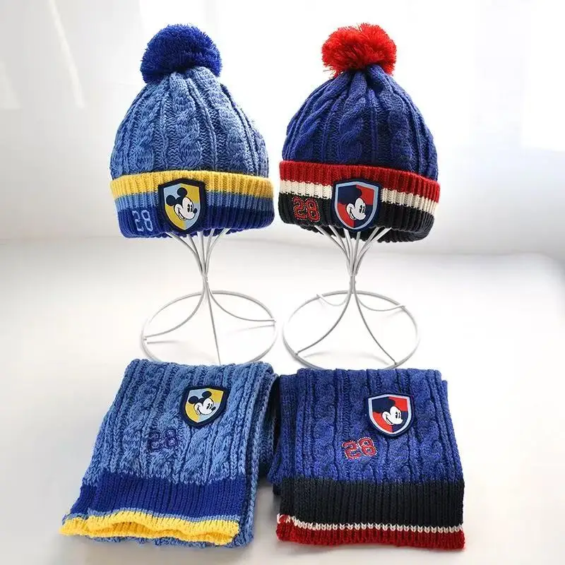 

Autumn Winter Children Warm Knitted Hat Kid Cap Scarf 2 Pcs Set Cartoon Mickey Mouse Print Baby Boy Girl Pompom Accessories 3-5T