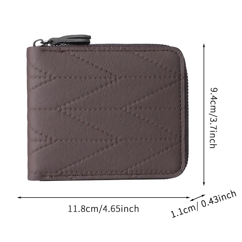Men Short Zipper Wallet PU Leather Quilted Bifold Purse Multi‑Card Slots ID Window Coin Pocket Cash Holder for Daily Business