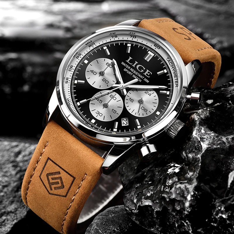 LIGE Mens Watches Brand Luxury Leather Strap Waterproof Sport Quartz Chronograph Military Watch Men Clock Relogio Masculino+BOX