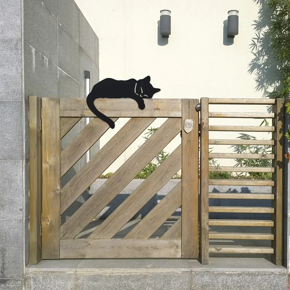 1pc Rustic Black Metal Cat Silhouette Fence Topper - Sleeping Cat Garden Art for Outdoor Decor - Durable Iron Animal Sculpture