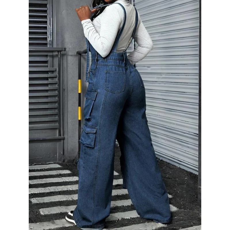 

Джинсовый комбинезон с регулируемыми бретелями, карманами и высокой талией, облегающий крой, для женщин