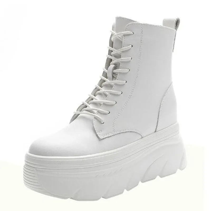

Women White Ankle Boots Increase Height Thick Sole Winter Outdoor Leisure Shoes For Girls Spring Autumn Motorcycle Booties Mujer