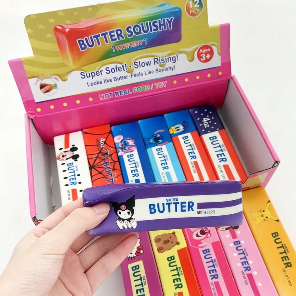 12PCS Full Box Cartoon Series Soft Butter Squishy, Soft Silicone Butter Stick Squeeze Toy, Party Favor Mini Gifts