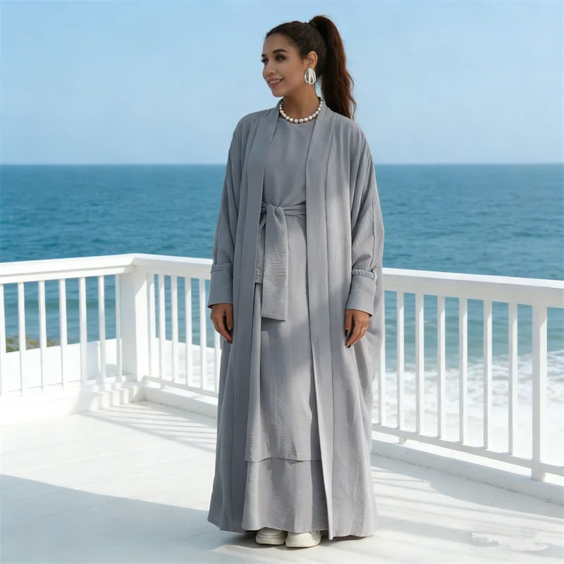 

2Pcs Eid Muslim Sets for Women Kimono Cardigan with Inner Dress Islam Clothing Turkey Kaftan Dubai Abaya Kebaya Islam Clothing