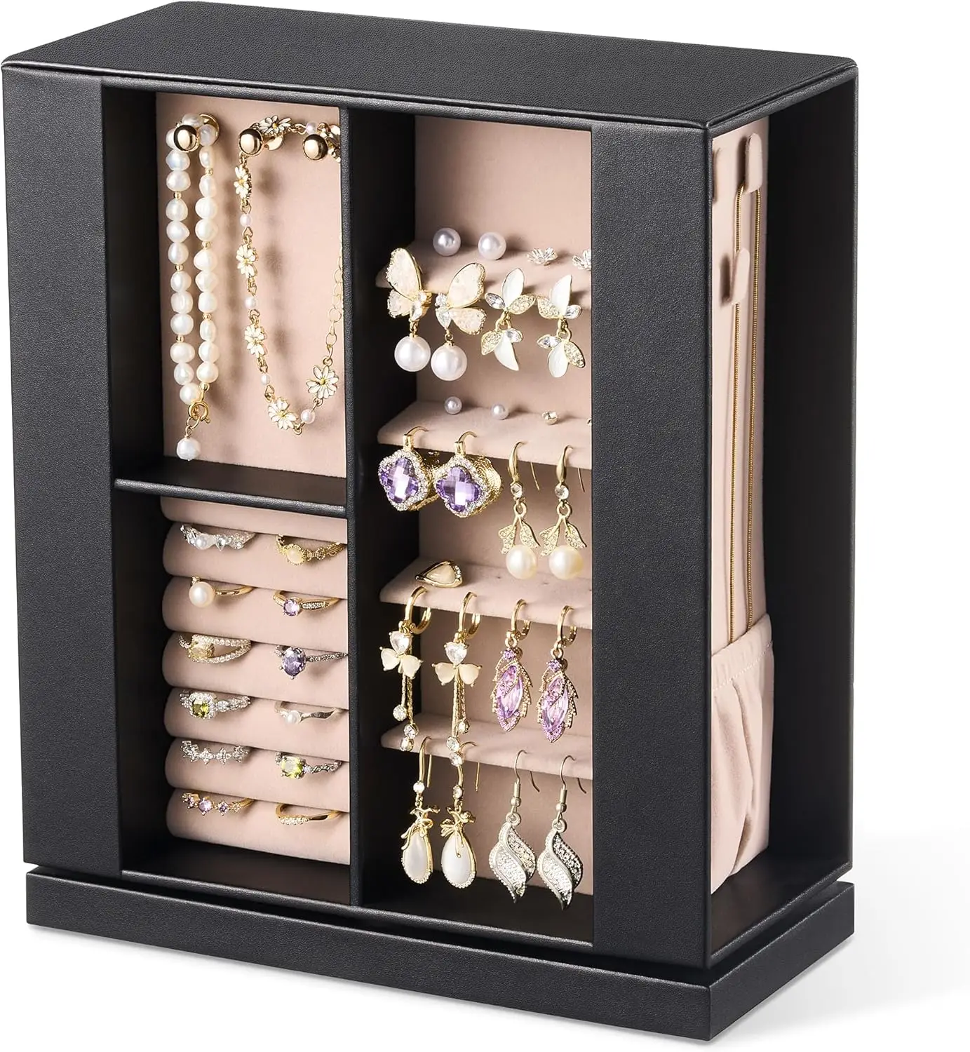 

Jewelry Box Organizer for Women:360 Rotating Vertical Storage Case,Black Leather with Blush Velvet,Ring Necklace Bracelet Holder