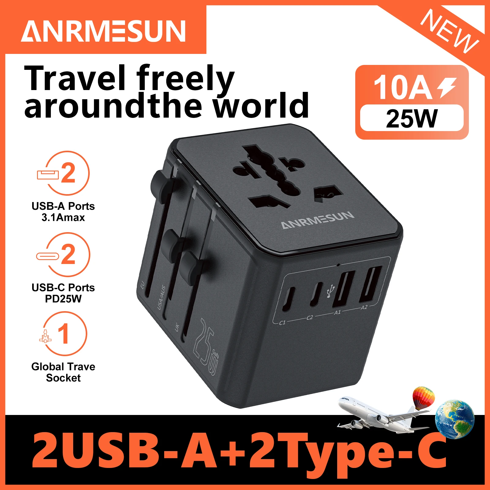 65 W/45 W/25 W GaN universele reisadapter met 2 USB 2 Type C snel opladen alles-in-één reislader EU/UK/VS/AUS voor reizen
