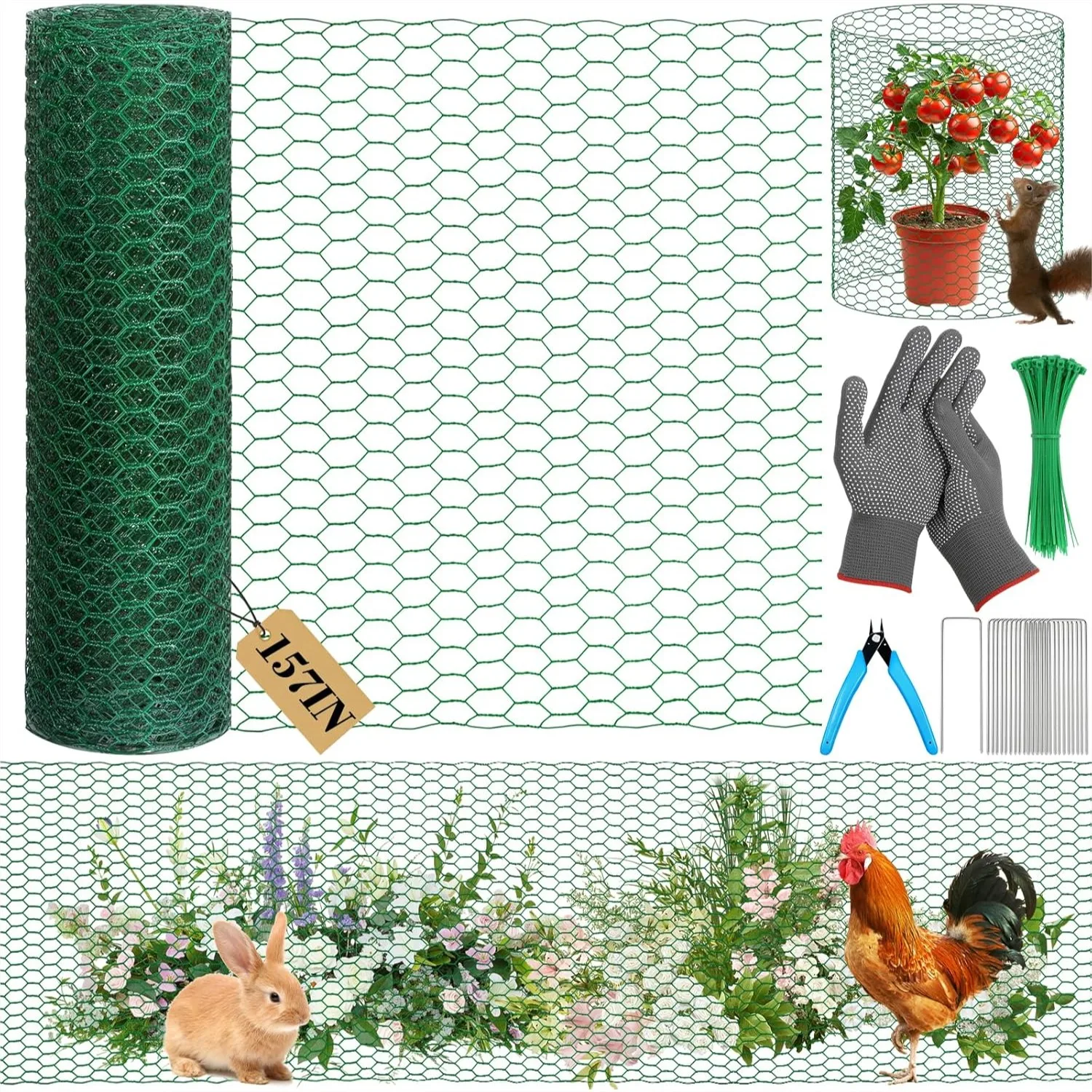 

Complete Plant Protector Kit 15.7x157 In Green Hexagonal Wire Mesh With Ground Stakes Zip Ties Pliers Gloves For Outdoor Garden Animal Protection