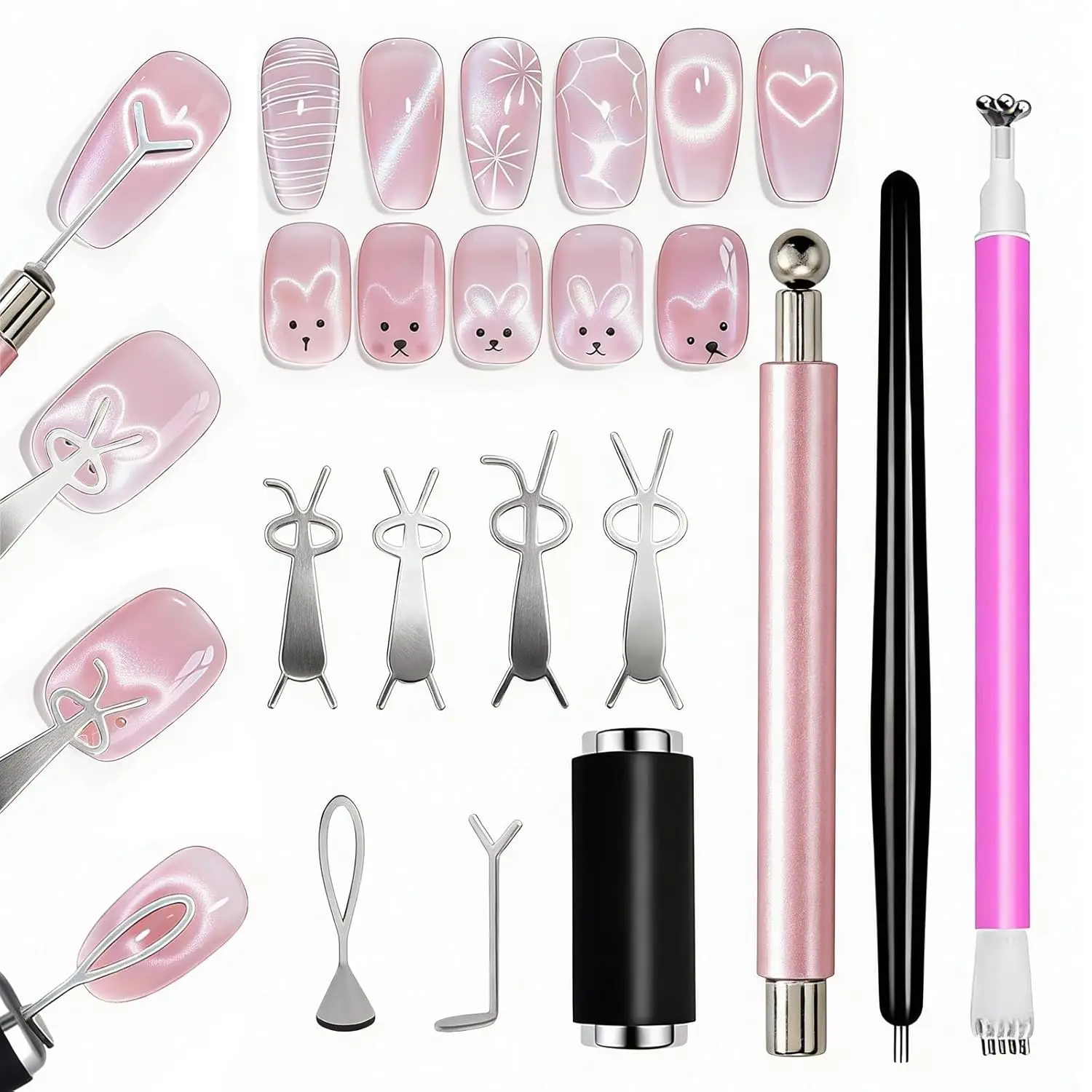 

4PC Cat Eye Magnets with 6 Iron Stencils for Nails, Cylinder Nail Magnet Tools Set, Strong Magnetic Pens for Gradient & S-Curve