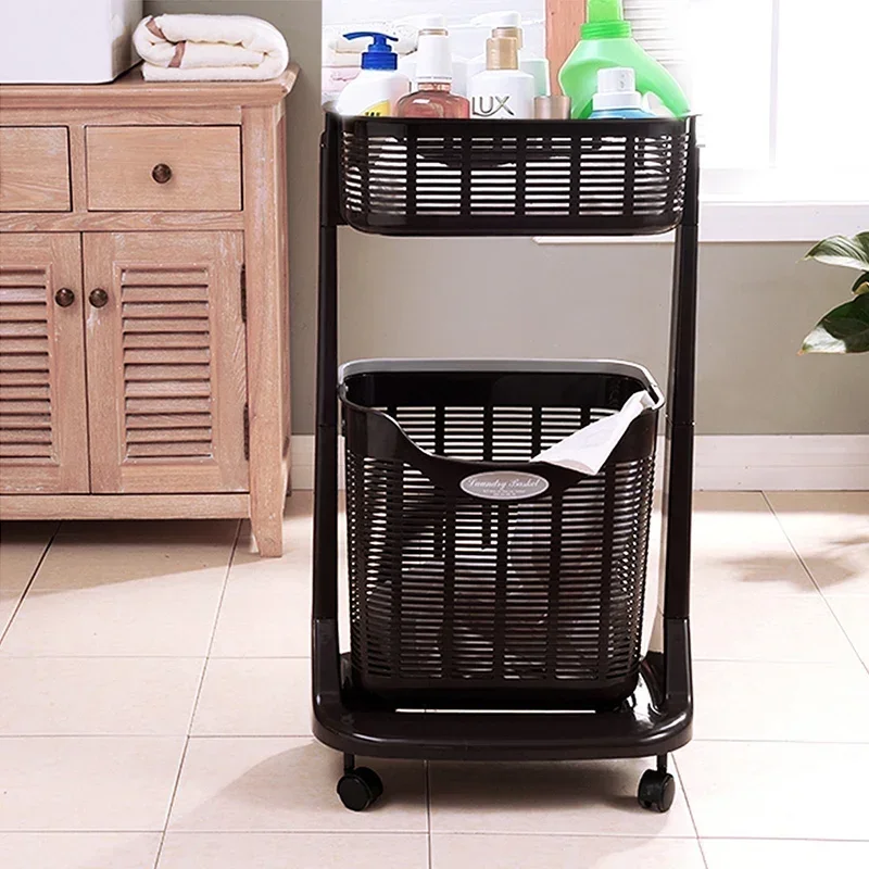 

Hollow And Breathable Double Layer Basket With Wheels For Storing Dirty Clothes Home Bathroom With Portable Laundry Basket