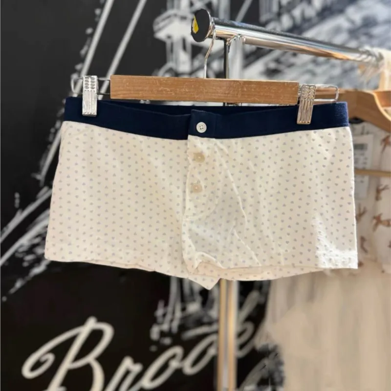 Chic Blue Heart Print Tight Women Shorts 2024 Fashion Three Button Elastic Waist Summer Shorts Homewear Casual Sweet Y2K Trouser