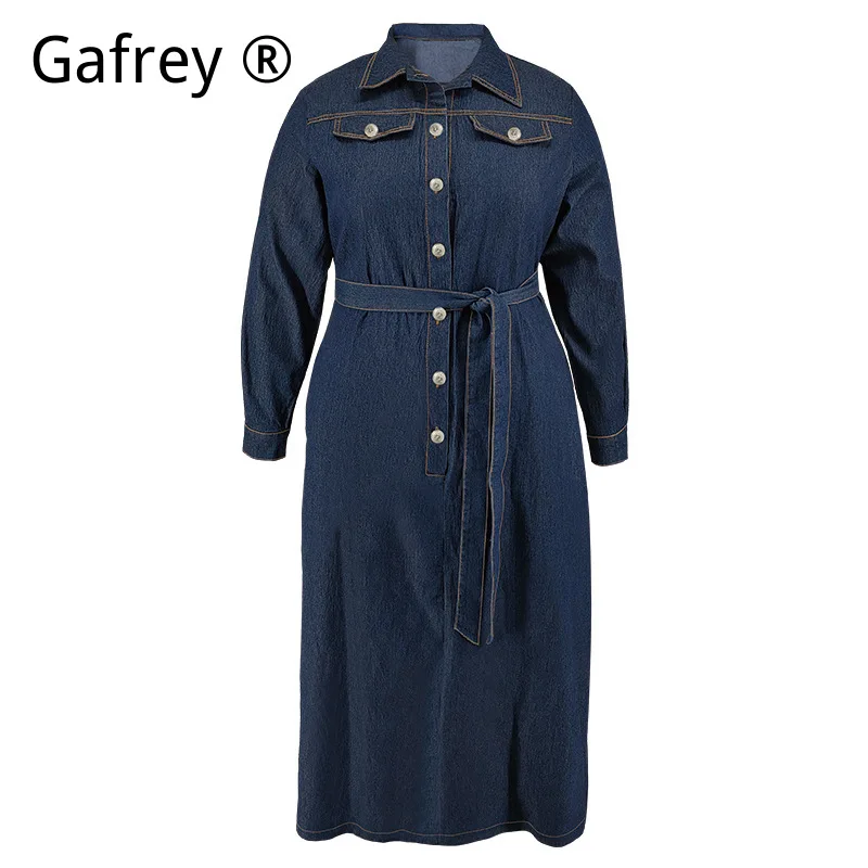 3XL 4XL 5XL Plus Size Women Denim Shirt Dress Lapel Collar Button Down Long Sleeve Winter Warm Casual Vintage Midi Dress Outfit - view 4