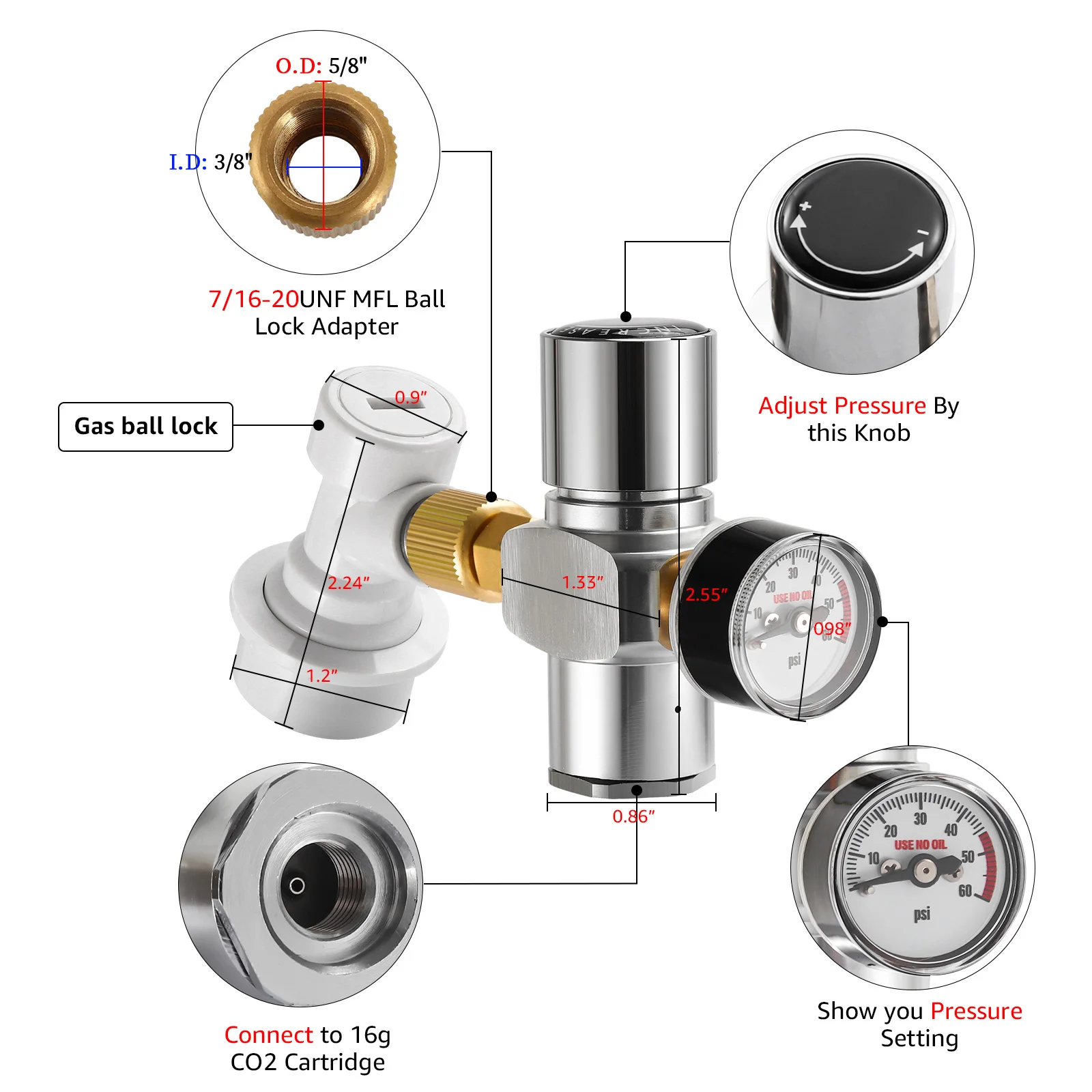 【New Version】0-60PSI Mini Co2 Regulator,Portable Co2 Charger with Stable Pressure & Steel Ring Gas Inlet,Homebrew Carbonated Kit