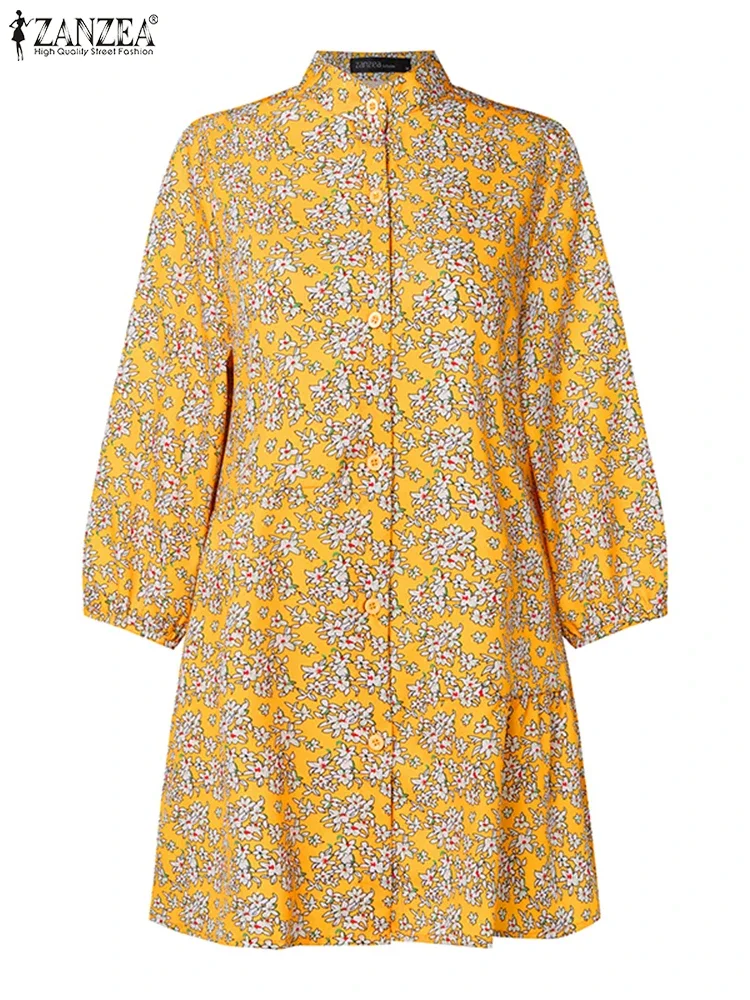 ZANZEA Damen-Blusen, Herbst, Vintage-Hemd, Blumenmuster, Bohemian-Stil, elegant, Stehkragen, 3/4-Ärmel, lässige Tunika, Tops, Blusas