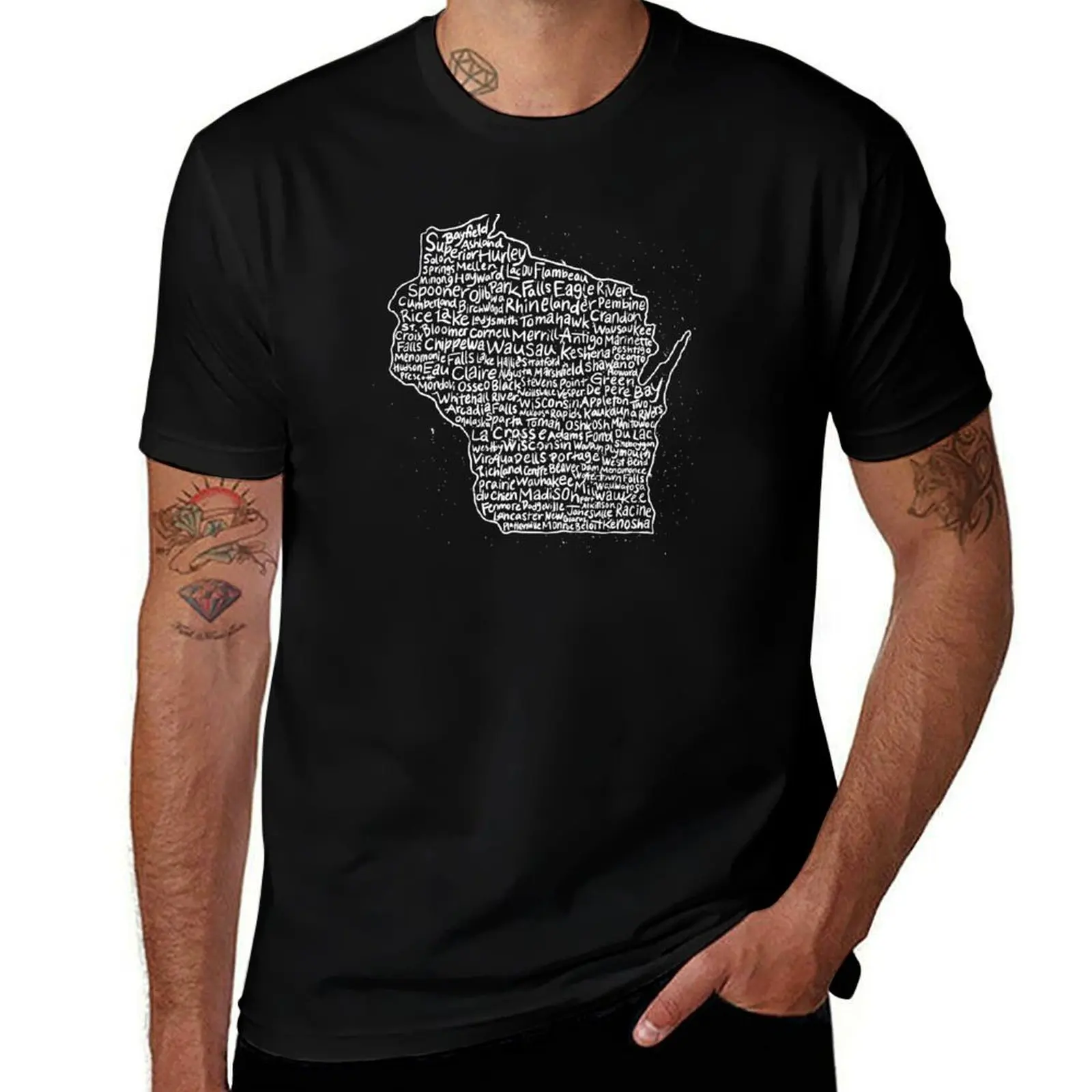 Wisconsin Handwritten Map of State & Cities T-Shirt plus size tops cute clothes luxury designer mens graphic t-shirts