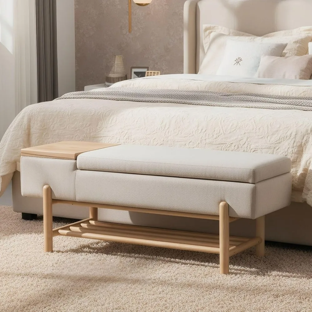 

Linen Fabric Bench for Bedroom End of Bed Beige Upholstered Storage Ottoman Bench with Cushion Seating for Living Room Entryway,
