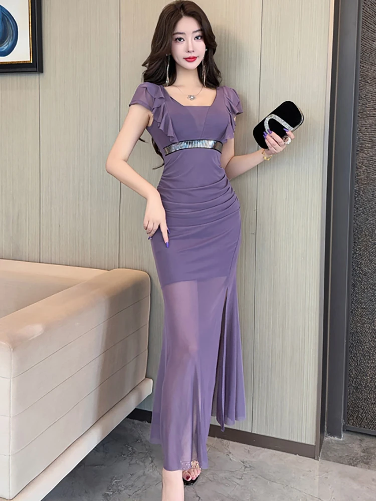 2025 새로운 화이트 메쉬 패치 워크 쉬어 섹시한 슬릿 롱 드레스 여성 짧은 소매 스퀘어 칼라 드레스 여름 우아한 럭셔리 댄스 파티 드레스