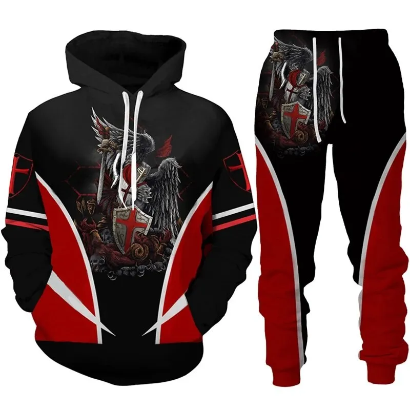 للرجال ريترو نايت تمبلار درع هوديي, ثلاثية الأبعاد مطبوعة هوديس, الترفيه رياضية, السراويل الرياضية, 2 قطعة مجموعة بدلة, جديد, 2023