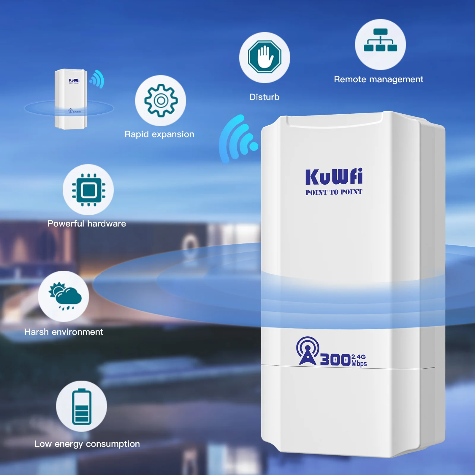 KuWFi 300Mbps CPE 브리지, 2.4Ghz 무선 Wi-Fi, 야외 포인트 투 포인트, 최대 1km 신호 익스텐더, 지지대 AP 리피터 모드, 24V POE