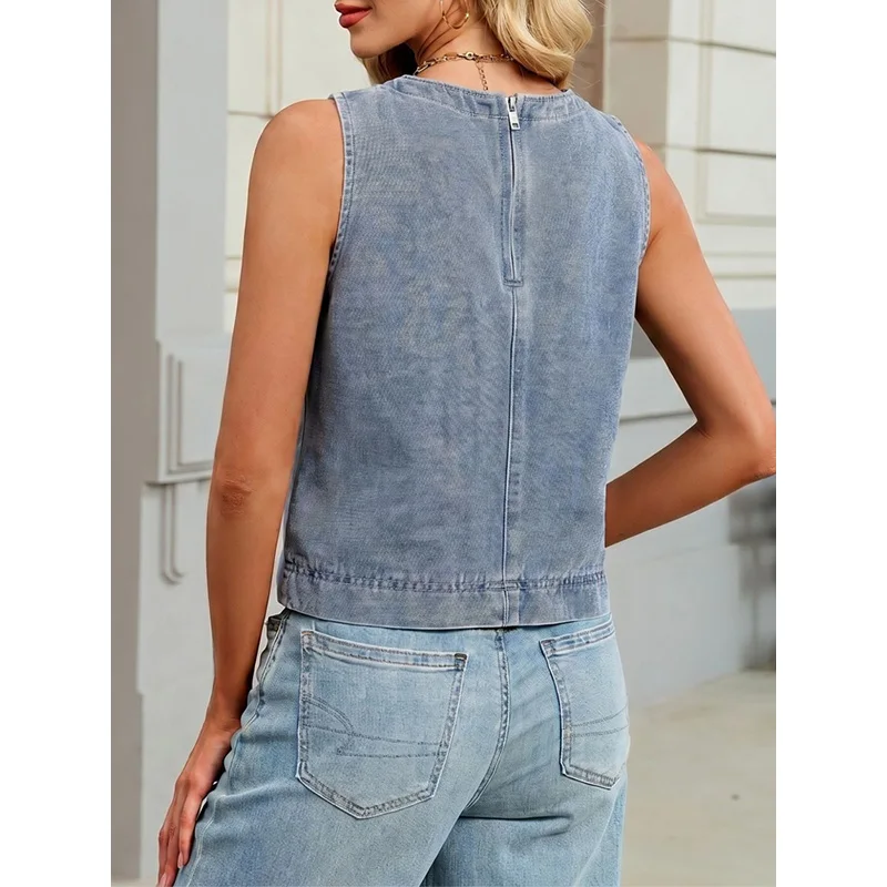 Benuynffy Casual Round Neck Denim Vest Women Summer 2026 New Fashion Vintage Solid Color Back Zipper Short Jean Tops Female view 2