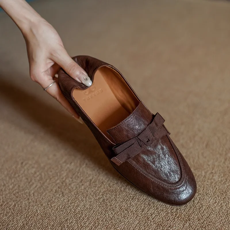 Casual Loafers Women Slip-On Soft Horsehide Flats Women Basic Loafer Cozy Round Toe Simple ShoesRetro Mules Bowtie Flats