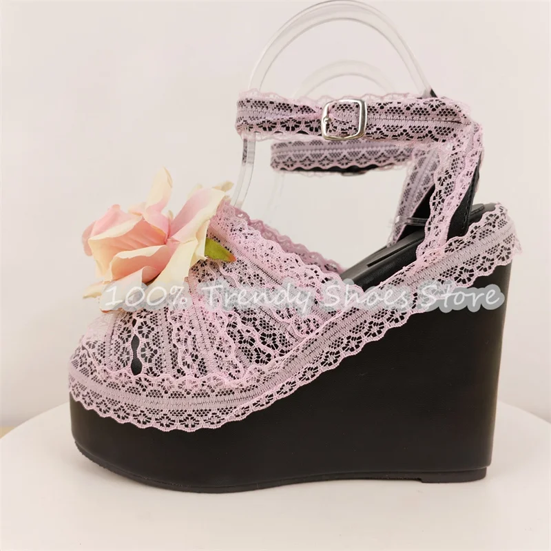 

Lolita Girl Rose Decor Lace High Heel Women Sandals Mixed Color Chunky Platform Wedges Pumps Ladies Gladiator Shoes