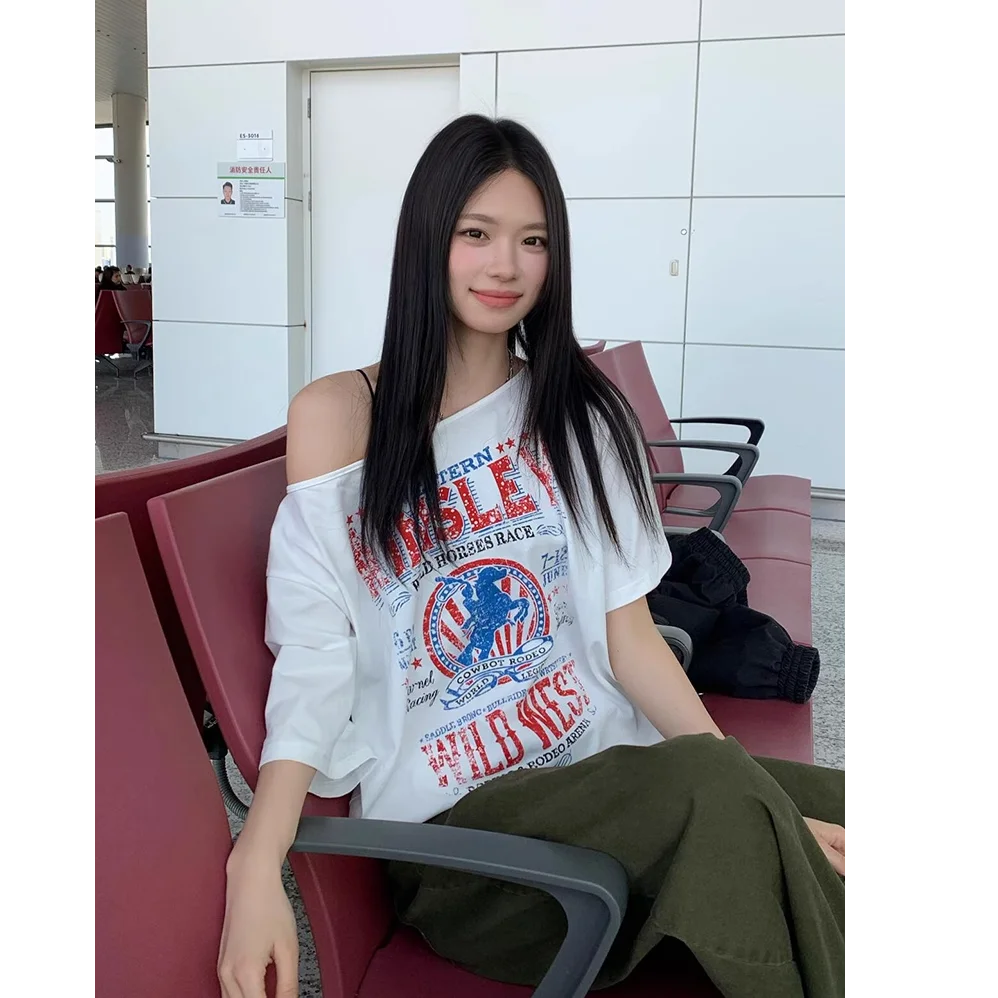 América retro emblema padrão camisetas fora do ombro solto sexy quente feminino punk goth rua moda verão algodão t casual e-girl