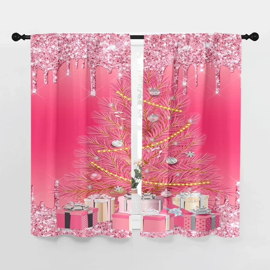 Sparkling Pink Christmas Window Curtain Festive Holiday Decor Curtain for Living Room Bedroom Xmas Gift