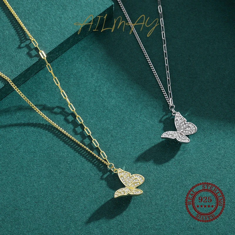 Ailmay Charm Butterfly Pendant Necklace 925 Sterling Silver Clear Zircon Necklace For Fine Female Fashion Korean Jewelry