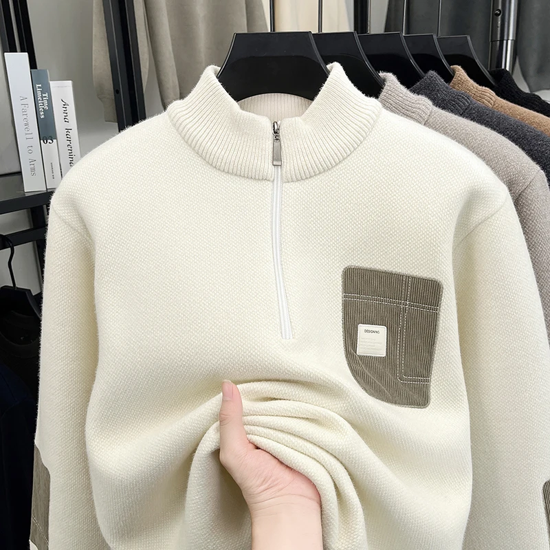 

Мужской толстый плюшевый свитер на молнии до половины высоты с искусственными карманами для тепла и повседневного трикотажа осенью и зимой