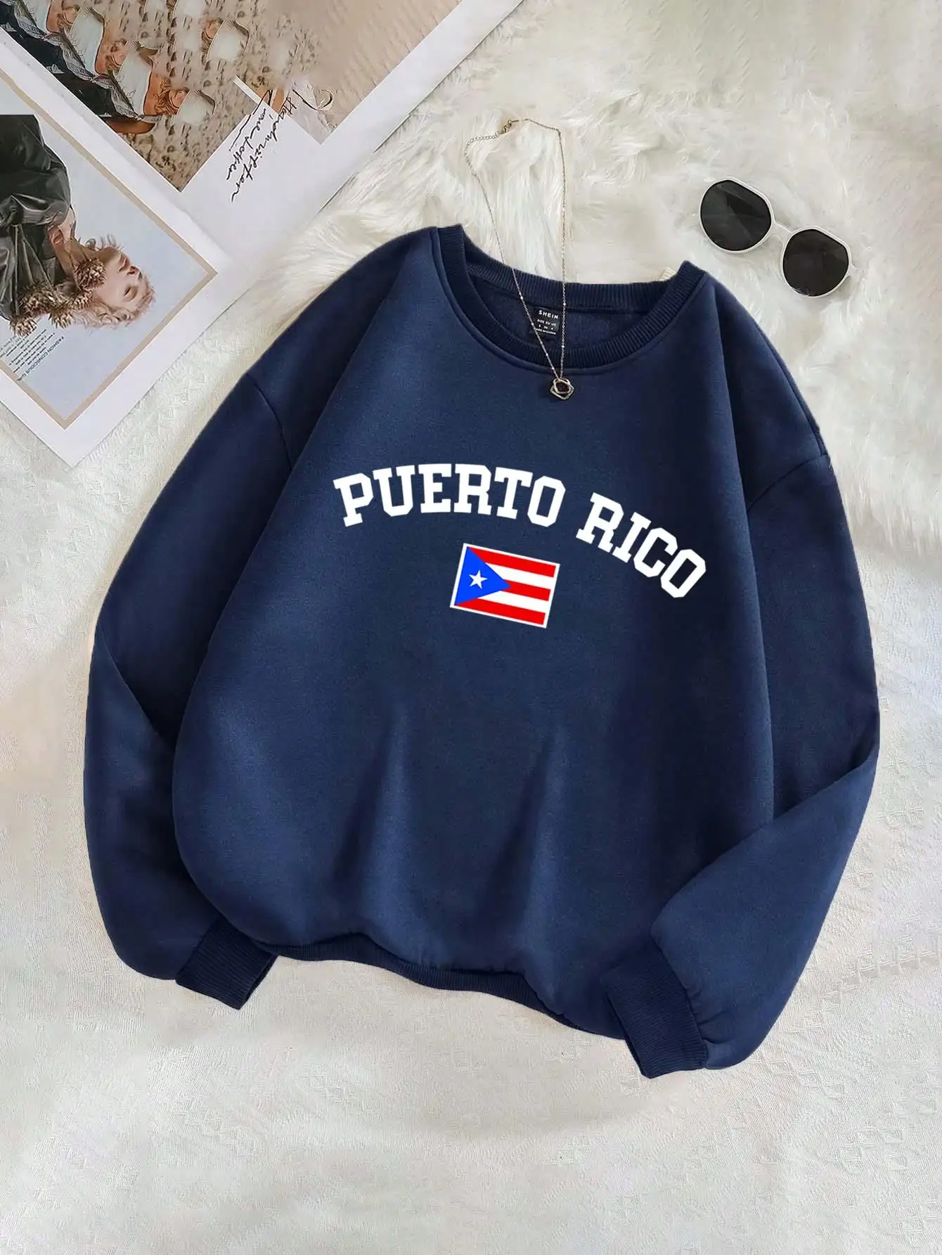 Puerto Rico Flag Print Women's Fleece Sweatshirt, Navy Blue, Long Sleeve Pullover for Fall/Winter