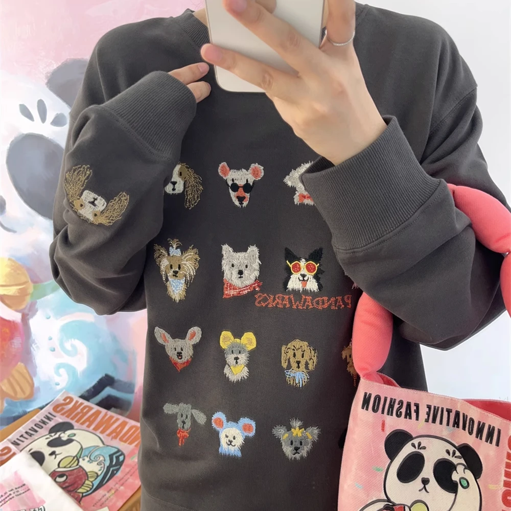 

New American Cartoon Chic Embroidery Sweatshirt Thicken Fleece Comfort Winter Pullover Korean Cute Dogs Loose Casual Y2K Clothes