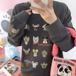 New American Cartoon Chic Embroidery Sweatshirt Thicken Fleece Comfort Winter Pullover Korean Cute Dogs Loose Casual Y2K Clothes