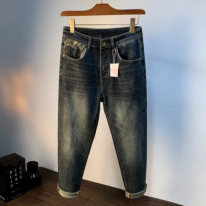 Calça jeans slim fit, bordada cônico masculina, jeans high-end, leve, perna reta, azul escuro, nova, outono, 2022