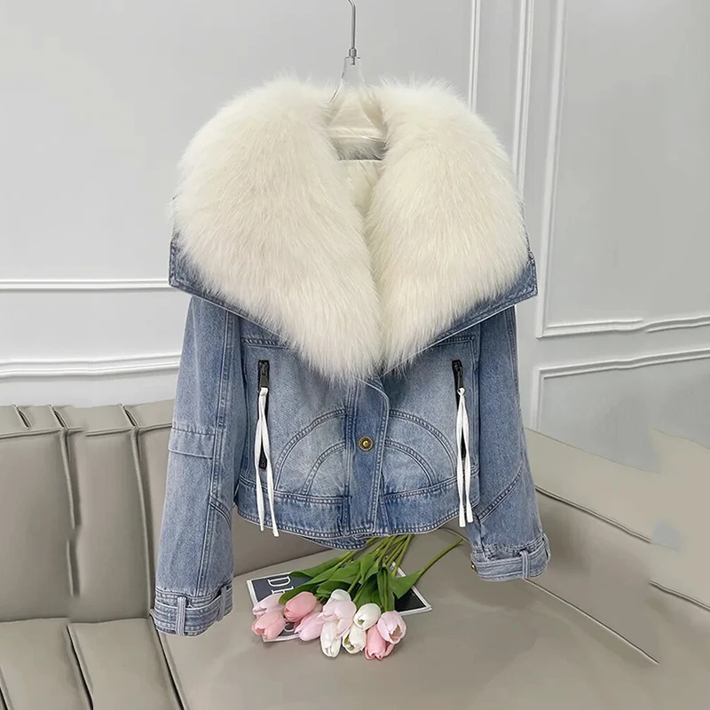 Winter Fur Coat Removable Fur Collar Cotton Jacket New Thickened Short Denim Jacket Fashion Harajuku Parkas Jeans Jacket