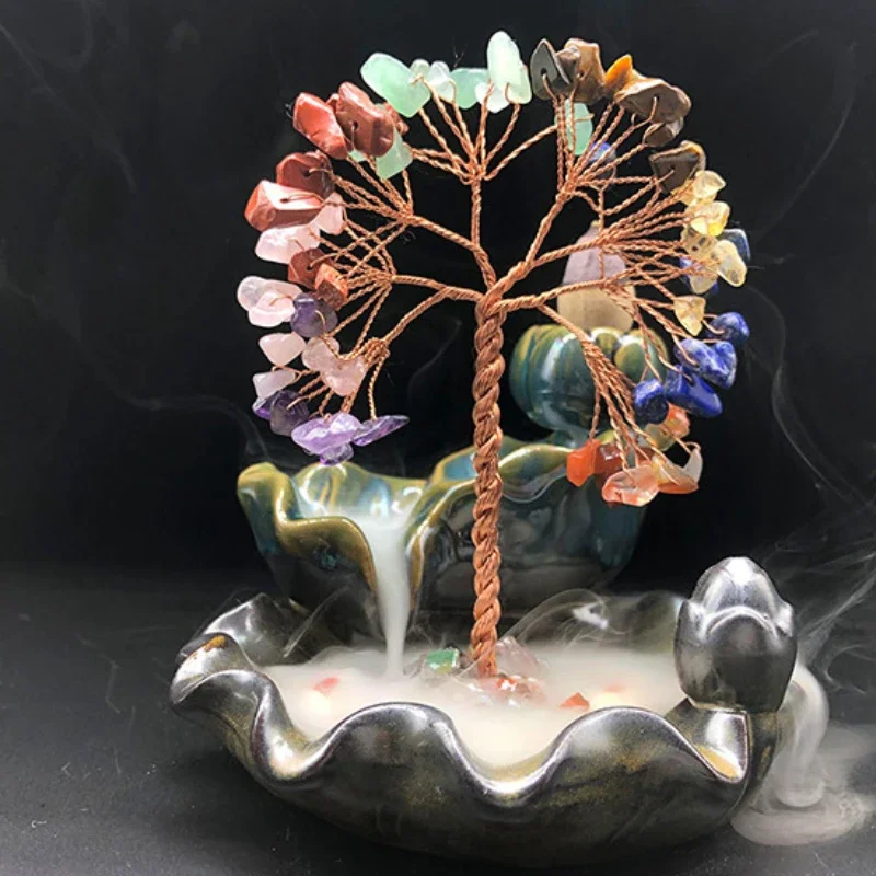 Waterfall Incense Holder Handcrafted Resin Incense Burner with Faux Stone Lucky Tree Ornament for Home Zen Meditation Decoration