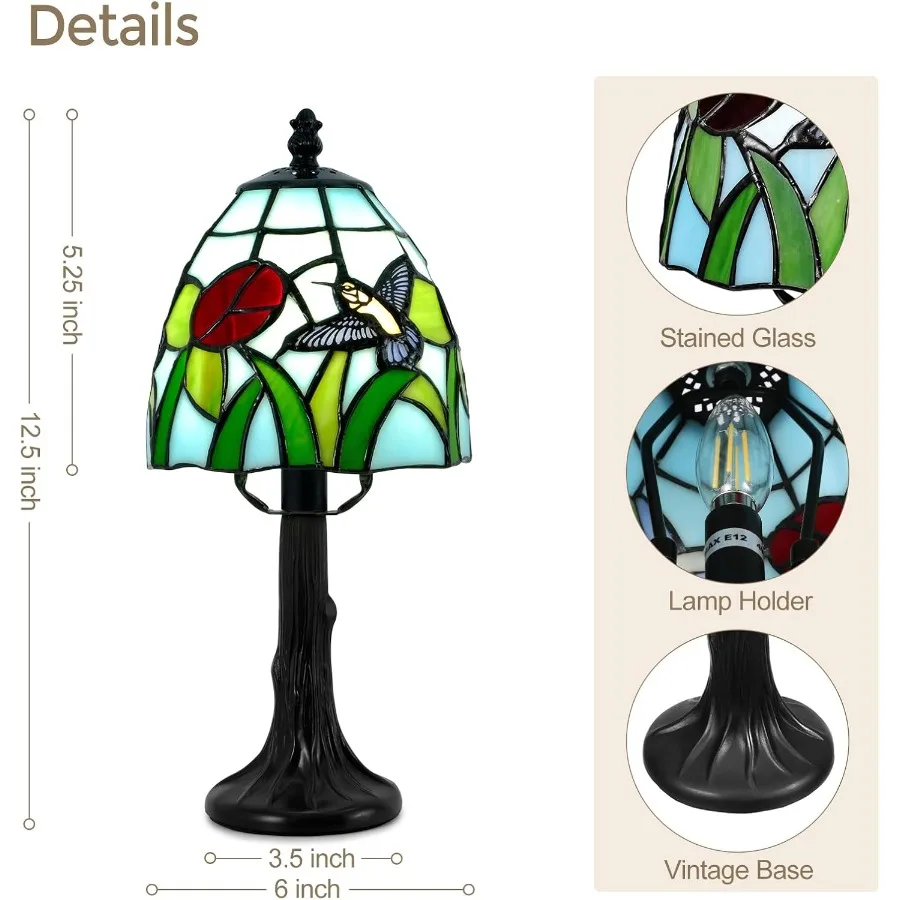 تيفاني نمط الجدول مصباح 6 بوصة مصابيح طاولة من الزجاج الملون مع الطائر الطنان زهرة خمر تصميم صغير LED مكتب ضوء ليفين #6